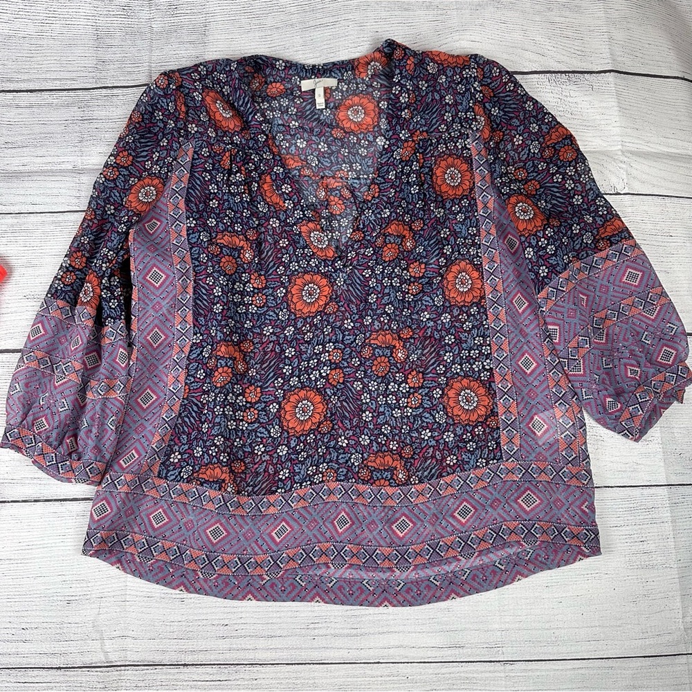 EUC Joie Fraizier 100% Silk Semi Sheer Boho Mixed Floral Blouse 3/4 Sleeve,Small